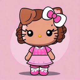 Create an image of a brown-skinned Hello Kitty character with braided hair, wearing pink clothes