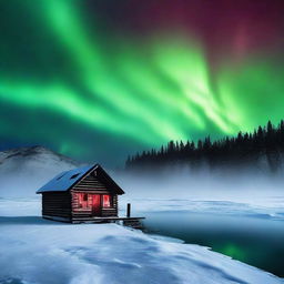 An ominous image looking out over a vast frozen lake at night