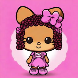 Create an image of a brown-skinned Hello Kitty with African braids, wearing a pink outfit