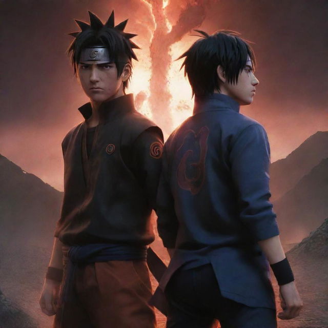 A more intense, anime-style rendering of Naruto and Sasuke, markedly powerful, standing back-to-back. Faces seething with anger, bodies smeared with blood. They grip a glowing switch amidst a turbulent landscape.