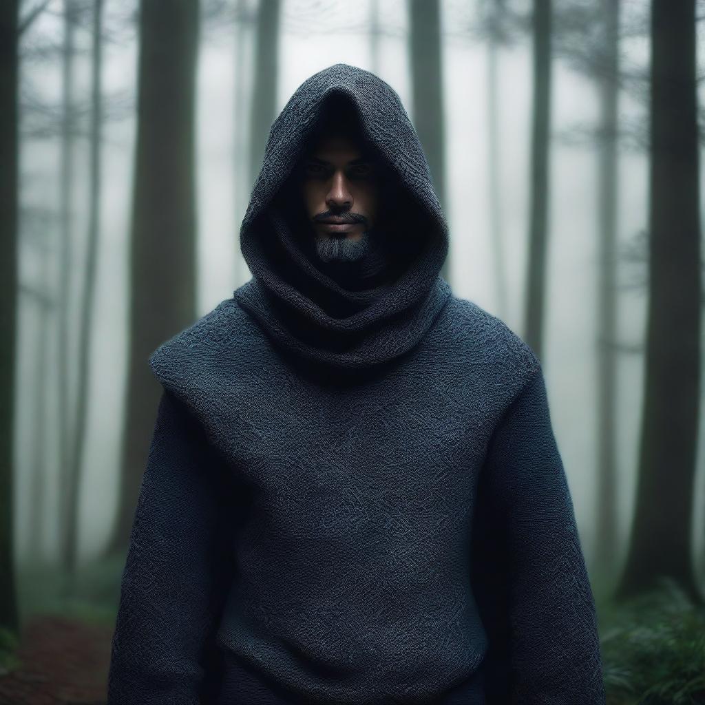 A Latin ladin wearing a cowl, standing in a mysterious forest