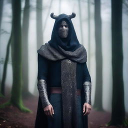 A Latin ladin wearing a cowl, standing in a mysterious forest