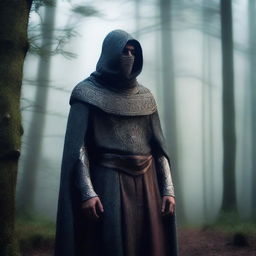 A Latin ladin wearing a cowl, standing in a mysterious forest