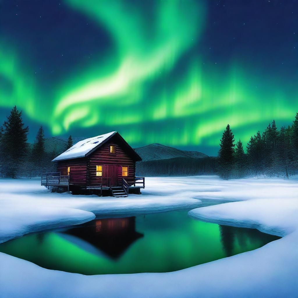 An ominous scene of a vast frozen lake at night with the Aurora Borealis looming in the night sky