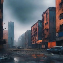 Create an image titled 'THE REDEMOTION' featuring a modern, abandoned city