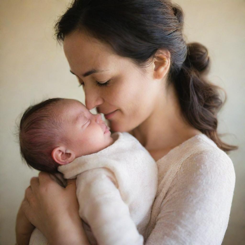 A warm and compassionate image of a woman tenderly holding a baby. They both exhibit peace and contentment, showcasing an intimate moment of motherly love.