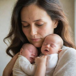 A warm and compassionate image of a woman tenderly holding a baby. They both exhibit peace and contentment, showcasing an intimate moment of motherly love.