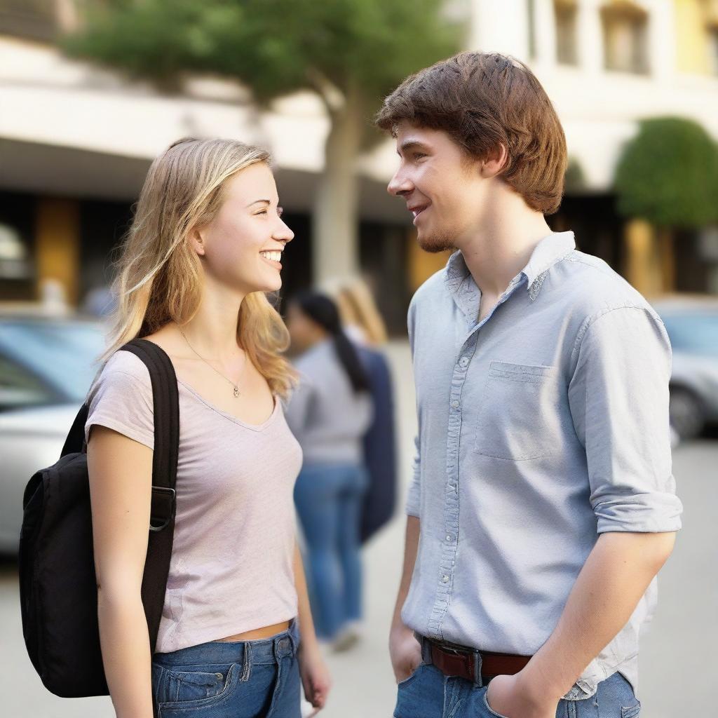 A young woman in her 20s, Caucasian, and a young man in his 20s, Caucasian, standing next to each other and looking at each other