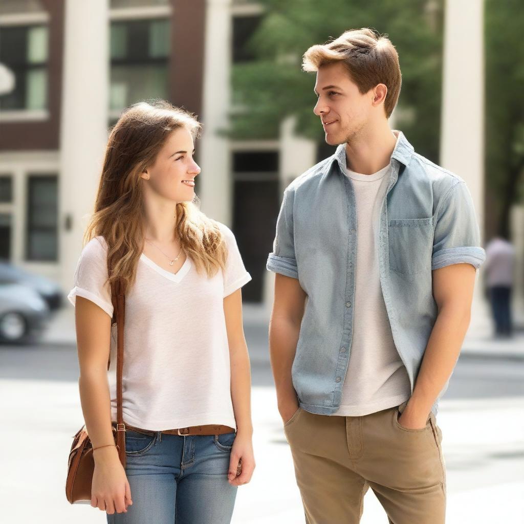 A young woman in her 20s, Caucasian, and a young man in his 20s, Caucasian, standing next to each other and looking at each other