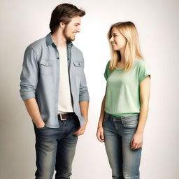 A young woman in her 20s, Caucasian, and a young man in his 20s, Caucasian, standing next to each other and looking at each other