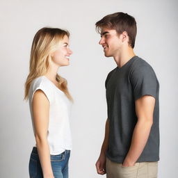 A young woman in her 20s, Caucasian, and a young man in his 20s, Caucasian, standing next to each other and looking at each other