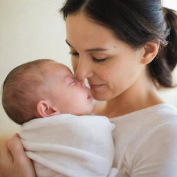 A warm and compassionate image of a woman tenderly holding a baby. They both exhibit peace and contentment, showcasing an intimate moment of motherly love.