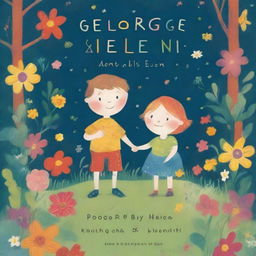 A whimsical illustration of a young boy and girl in the forest surrounded by stars and colorful flowers