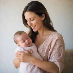 A warm and compassionate image of a woman tenderly holding a baby. They both exhibit peace and contentment, showcasing an intimate moment of motherly love.