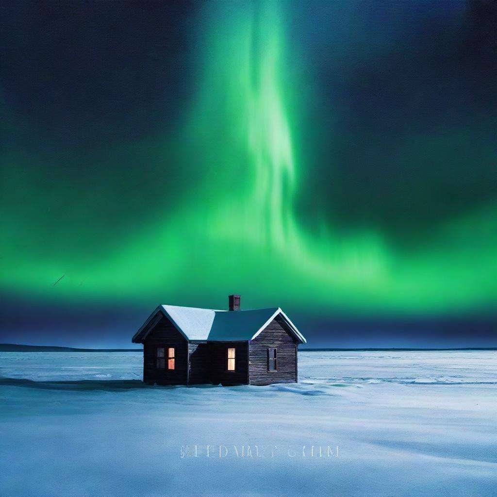 A book cover with an ominous image of a vast frozen great lake in Michigan at night with the Aurora Borealis looming in the night sky