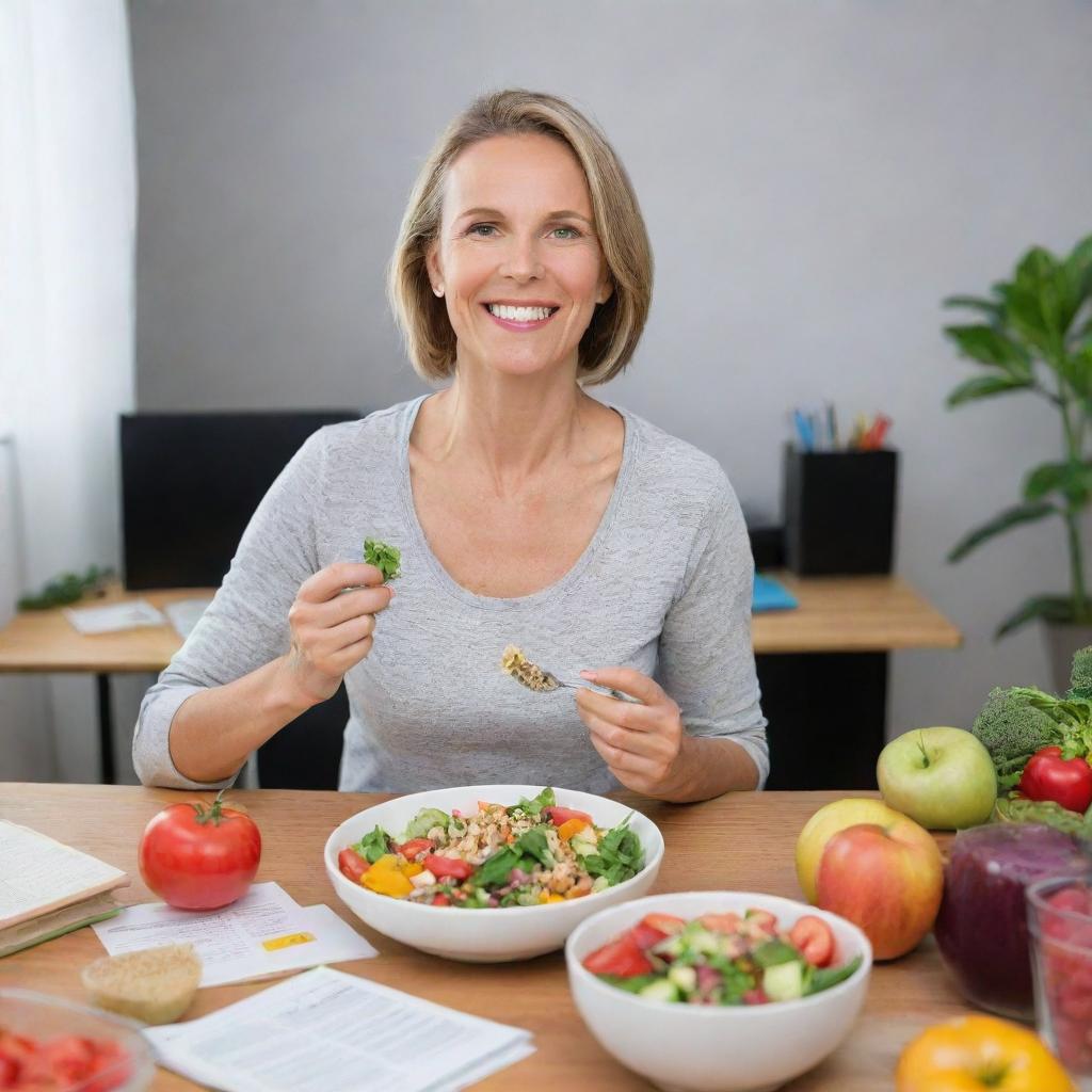 A vegan teacher happily eating a colorful and nutritious salad filled with fresh vegetables and grains at her desk, with educational materials spread about.