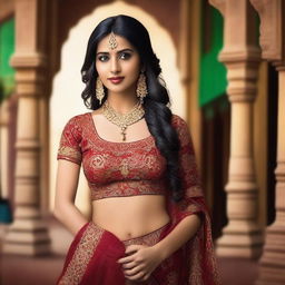 A photo of an Indian woman with a sexy look, wearing traditional attire, striking a confident and alluring pose