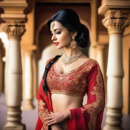 A photo of an Indian woman with a sexy look, wearing traditional attire, striking a confident and alluring pose