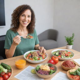 A vegan teacher happily eating a colorful and nutritious salad filled with fresh vegetables and grains at her desk, with educational materials spread about.