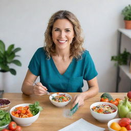 A vegan teacher happily eating a colorful and nutritious salad filled with fresh vegetables and grains at her desk, with educational materials spread about.