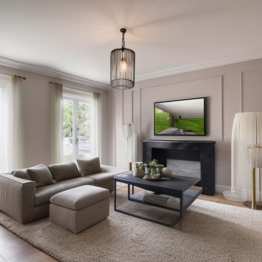 An elegantly designed living room with modern furniture, neutral color palette and dramatic lighting fixtures.