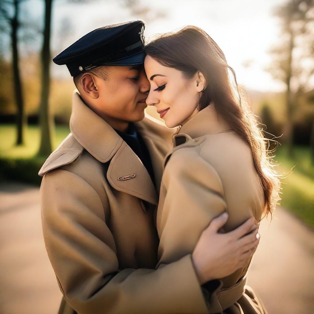 A lovely young woman in a trench coat and a man in a military sailor outfit hugging