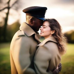 A lovely young woman in a trench coat and a man in a military sailor outfit hugging