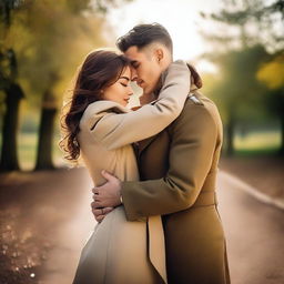 A lovely young woman in a trench coat and a man in a military sailor outfit hugging