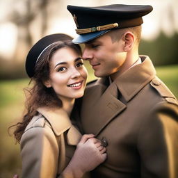 A lovely young woman in a trench coat and a man in a military sailor outfit hugging