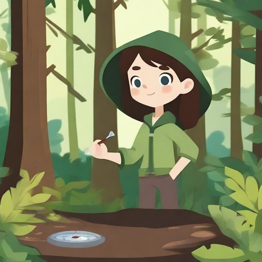 Create an image of a character using a compass to navigate through a dense forest