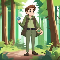 Create an image of a character using a compass to navigate through a dense forest