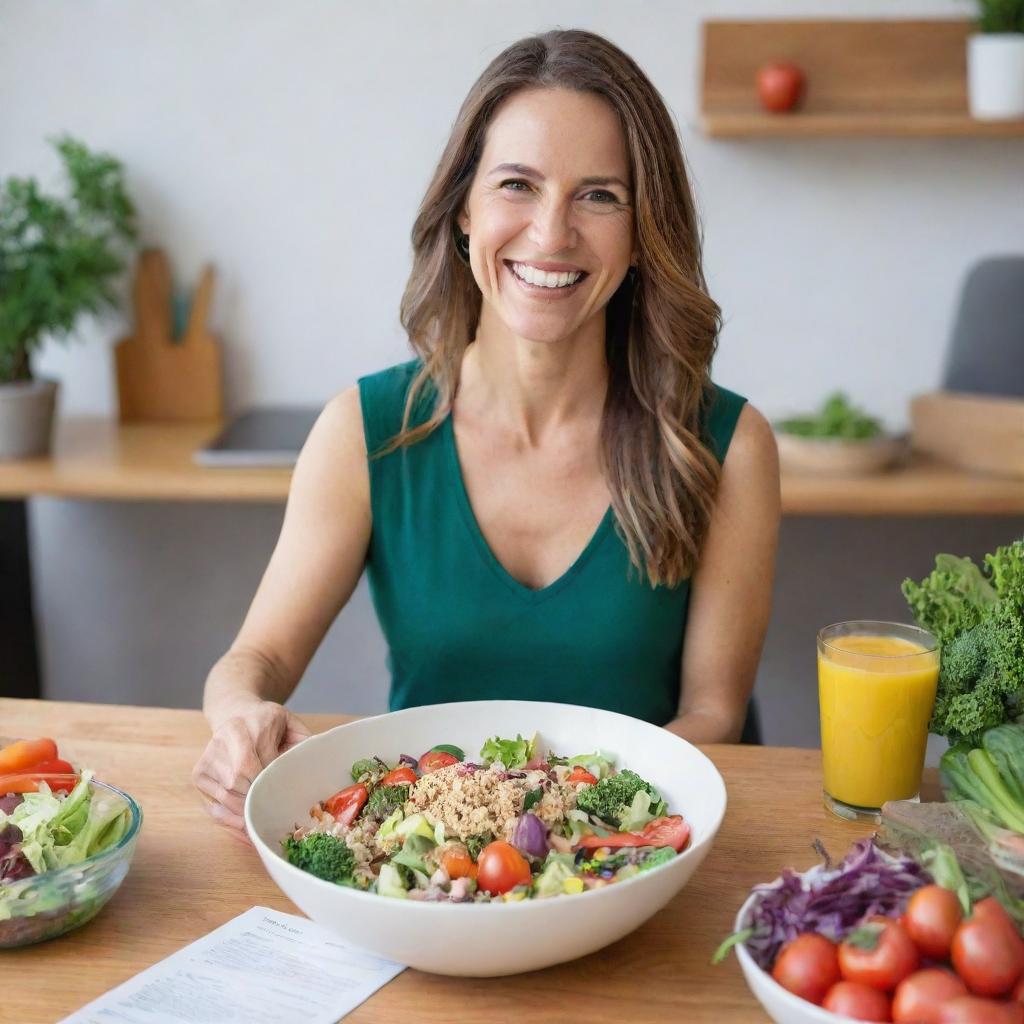 A vegan teacher happily eating a colorful and nutritious salad filled with fresh vegetables and grains at her desk, with educational materials spread about.