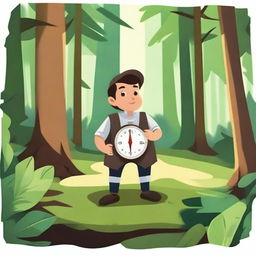 Create an image of a character using a compass to navigate through a dense forest