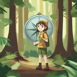 Create an image of a character using a compass to navigate through a dense forest