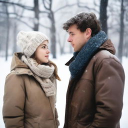 A young woman in her 20s, Caucasian, and a young man in his 20s, Caucasian, standing opposite each other and looking at each other