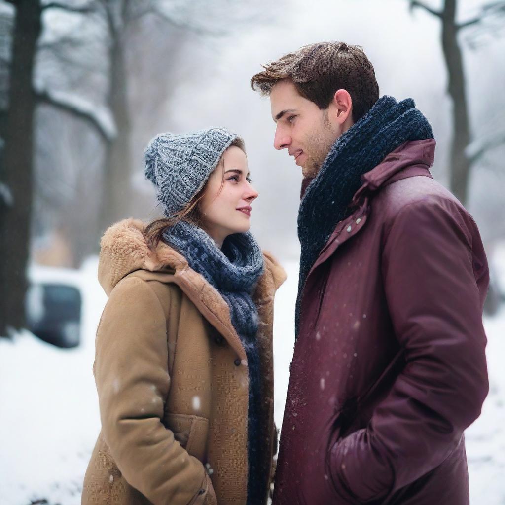 A young woman in her 20s, Caucasian, and a young man in his 20s, Caucasian, standing opposite each other and looking at each other