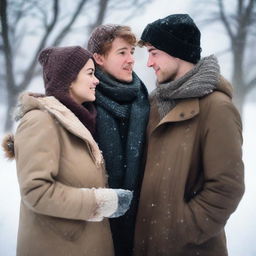 A young woman in her 20s, Caucasian, and a young man in his 20s, Caucasian, standing opposite each other and looking at each other