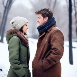 A young woman in her 20s, Caucasian, and a young man in his 20s, Caucasian, standing opposite each other and looking at each other