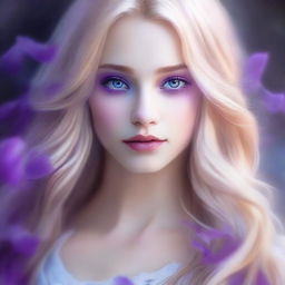 Create a portrait featuring a stunningly beautiful girl with long blonde hair and striking purple eyes