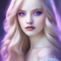 Create a portrait featuring a stunningly beautiful girl with long blonde hair and striking purple eyes