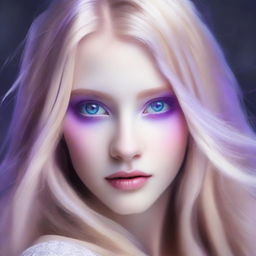 Create a portrait featuring a stunningly beautiful girl with long blonde hair and striking purple eyes