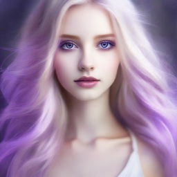 Create a portrait featuring a stunningly beautiful girl with long blonde hair and striking purple eyes