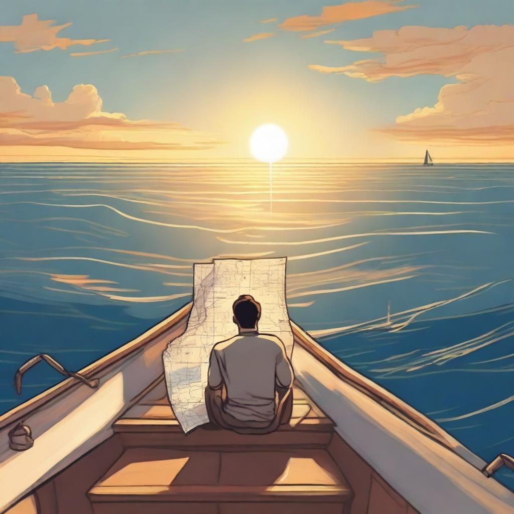 A person navigating the world by ocean, sailing on a small boat with a map in hand