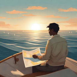 A person navigating the world by ocean, sailing on a small boat with a map in hand