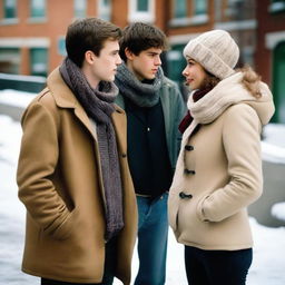 A young woman in her 20s, Caucasian, and a young man in his 20s, Caucasian, standing opposite each other and looking at each other