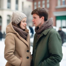 A young woman in her 20s, Caucasian, and a young man in his 20s, Caucasian, standing opposite each other and looking at each other