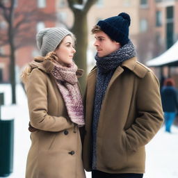 A young woman in her 20s, Caucasian, and a young man in his 20s, Caucasian, standing opposite each other and looking at each other