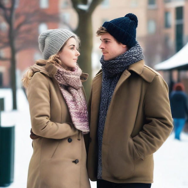 A young woman in her 20s, Caucasian, and a young man in his 20s, Caucasian, standing opposite each other and looking at each other