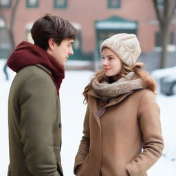 A young woman in her 20s, Caucasian, and a young man in his 20s, Caucasian, standing opposite each other and looking at each other
