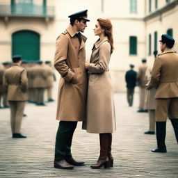 A lovely young woman in a tan trench coat and a man in a French military sailor's outfit facing each other